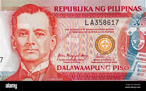 Manuel L. Quezon portrait on Philippine 20 peso (2009) banknote closeup ...