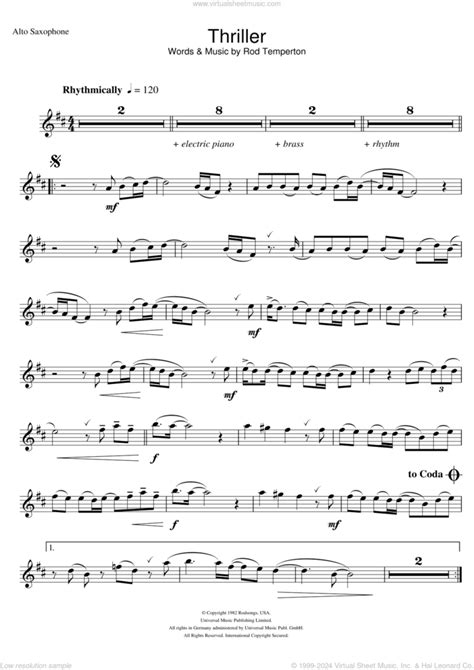 Thriller sheet music for alto saxophone solo (PDF-interactive)