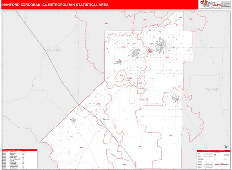 Hanford-Corcoran, CA Metro Area Wall Map Red Line Style by MarketMAPS - MapSales.com