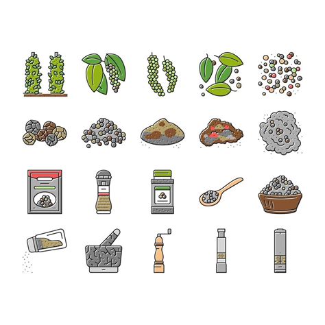 Black Pepper Aromatic Hot Spice Icons Set Vector 19579454 Vector Art at ...