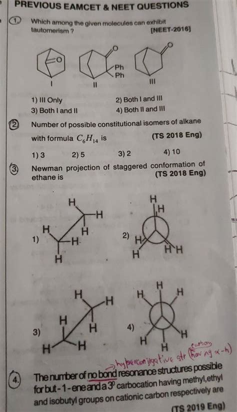 (3.) Newman projection of staggered conformation of ethane is (TS 2018 En..