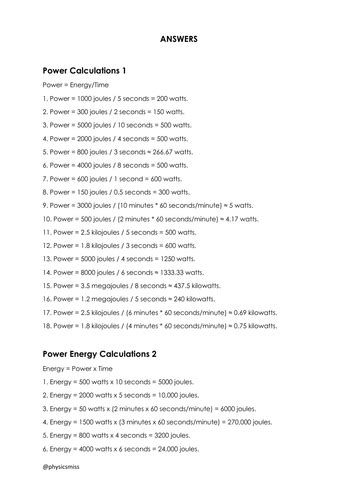 Worksheets Power Energy Time Calculations | Teaching Resources