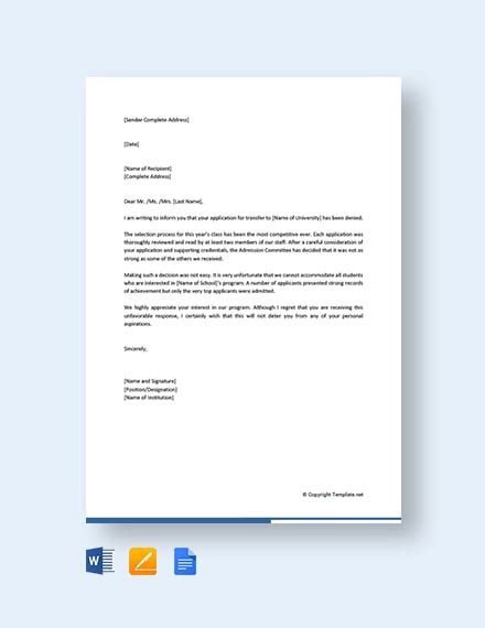 FREE College Transfer Application Rejection Letter Template - Word ...