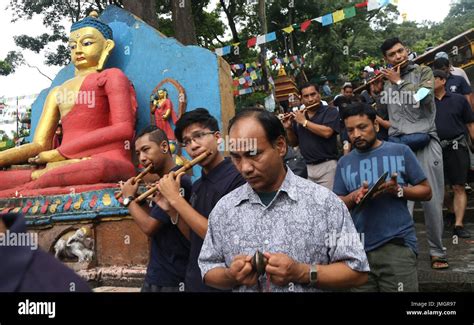 People from Newar community play traditional music at Swayambhunath ...