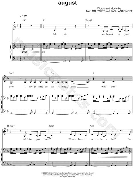 Taylor Swift "august" Sheet Music in F Major (transposable) - Download ...