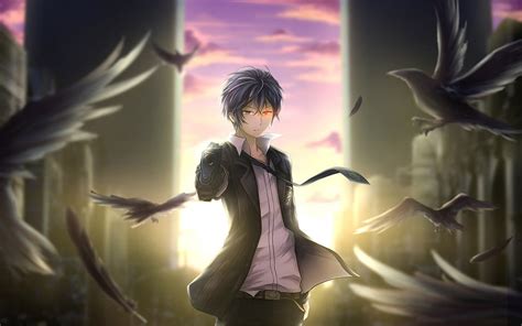 Black-haired male anime character with crow digital wallpaper, Black ...