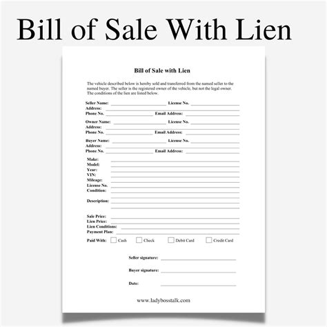 Bill of Sale With Lien Car Bill of Sale With Lien Truck a - Etsy Denmark