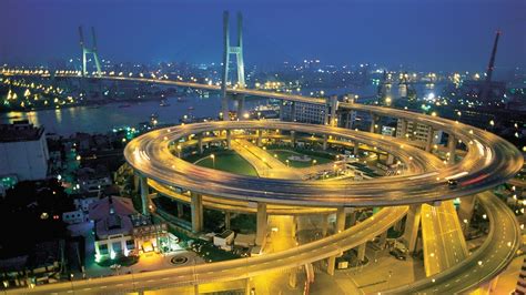 Night Look of Nanpu Bridge and Spiral Road in Country China | HD Wallpapers