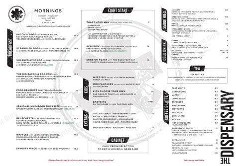 Menu at The Dispensary restaurant, Mackay