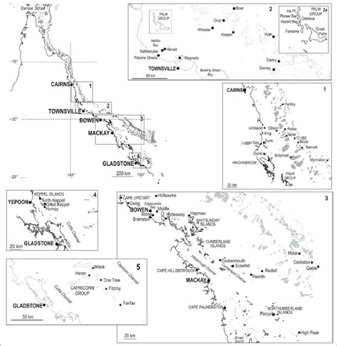 Map of Great Barrier Reef south of Cairns, showing the locations of ...