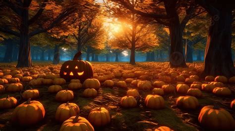 Halloween Pumpkin Patch In A Mystical Forest 3d Illustration Background ...