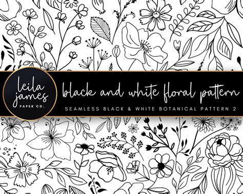 Black and White Seamless Floral Pattern 2, SVG Floral Pattern, Seamless Floral Digital Paper ...