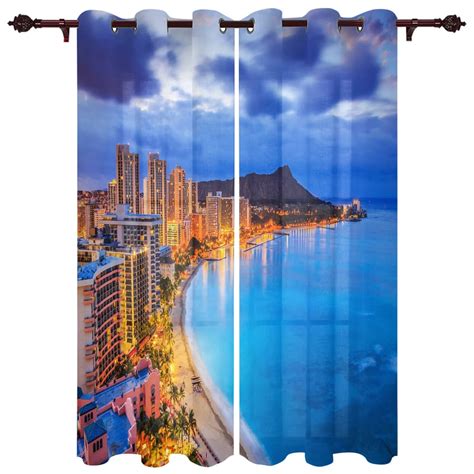 Blue Sea City Building Scenery Windows Curtains for Bedroom Modern Printing Blinds Curtain For ...