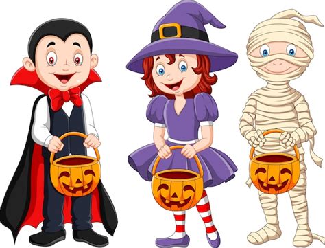 Niños de dibujos animados con traje de halloween con cesta de calabaza | Vector Premium