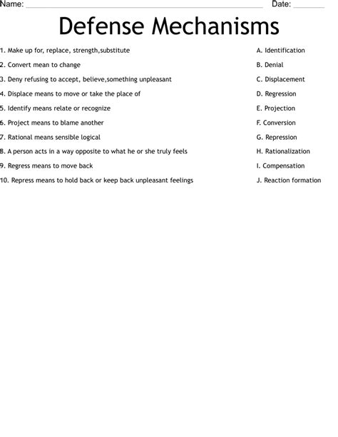 Defense Mechanisms Worksheet - WordMint