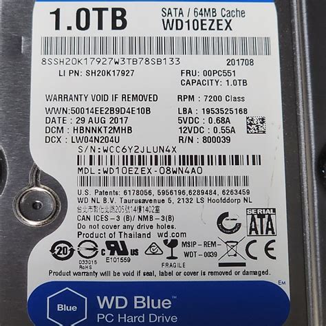 WesternDigtal WD Blue WD10EZEX-08WN4A0 1TB 3 5インチ内蔵HDD 2017年製 フォーマット済み 正常品 PCパーツ 動作確認済｜PayPayフリマ