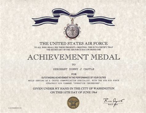 Air Force Achievement Medal Certificate, Replacement Certificate