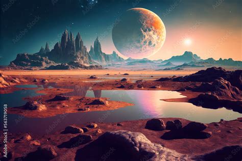 Extraterrestrial landscape, scenery of alien planet in deep space ...