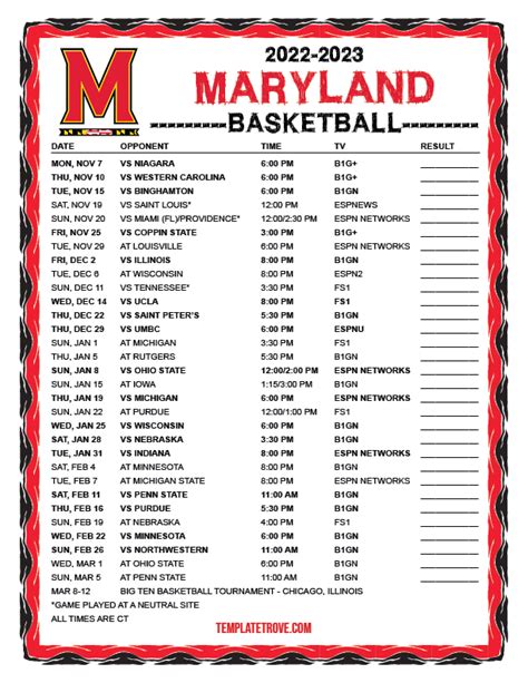 Printable 2022-2023 Maryland Terrapins Basketball Schedule