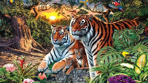 HD wallpaper: tiger family, artwork, painting art, naive art ...