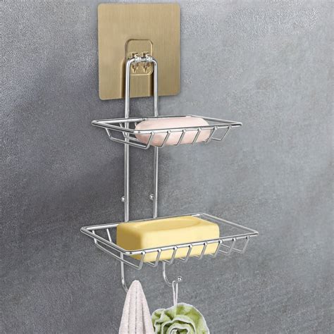 TSV Double Tier Soap Dish, Stainless Steel Soap Holder With Hooks, Non-trace Adhesive No ...