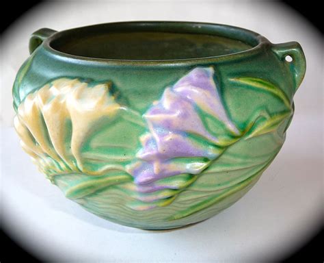 Vintage Green Roseville Art Pottery Vase with Freesia | Pottery ...