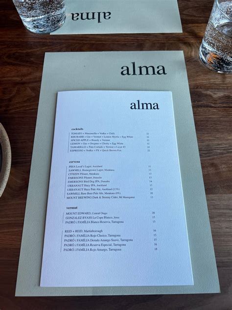 Menu at alma restaurant, Auckland