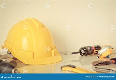 Construction Worker Equipment with Helmet Stock Image - Image of tools ...