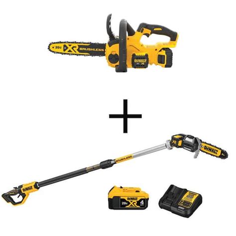 DEWALT 20V MAX 12 in. Brushless Battery Powered Chainsaw Kit & Pole Saw Kit with 5.0Ah and 4.0Ah ...