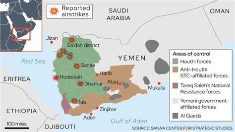 Map of cities targeted by air strikes in Yemen as UK and US bomb ...