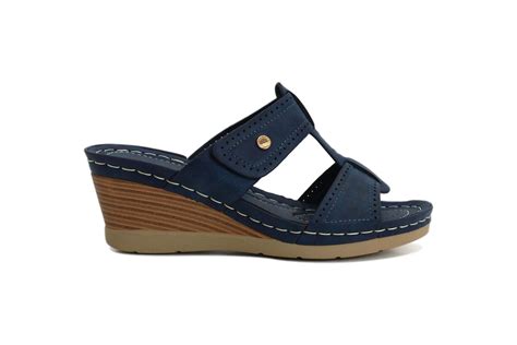 Cushion Walk Womens Navy Wedge Heel Slip On Touch Fasten Mules Sandals ...