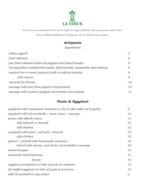 Menu at La Vita's restaurant, Greensburg