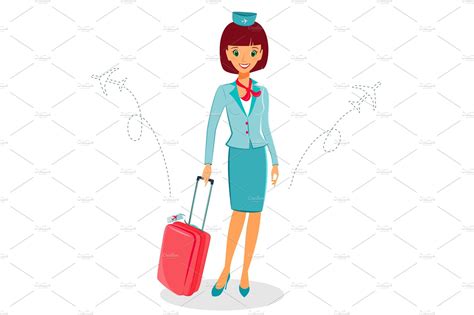 Cheerful cartoon flight attendant in uniform with suitcase | People Illustrations ~ Creative Market