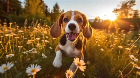 A cheerful Beagle puppy with big floppy ears, excitedly exploring a ...