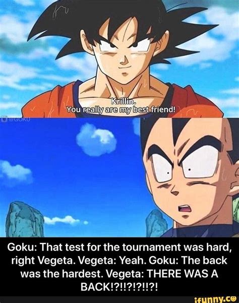 Goku: That test for the tournament was hard, right Vegeta. Vegeta: Yeah. Goku: The back was the ...