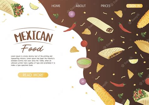 Premium Vector | Website landing page template with mexican dish burrito and tamale on a wooden ...