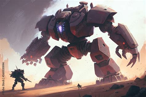 A giant robot fighting against a giant monster, digital art style, illustration painting ...