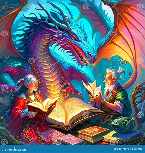 Illustration of a Dragon Reading a Book in a Fantasy World. AI Generated Stock Illustration ...