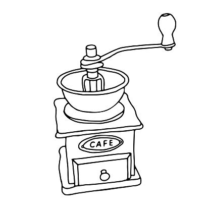 Black Hand Drawn Vector Illustration Of Metal And Wooden Coffee Grinder Isolated On A White ...