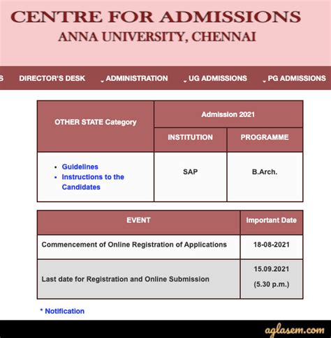 Anna University B.Arch Admission 2021 - Registration Date (Out ...