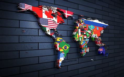 3D political world map, , blue brickwall, map of world countries, creative, world maps, 3D art ...