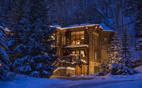 Wallpaper : trees, lights, forest, night, architecture, nature, snow, winter, wood, house ...