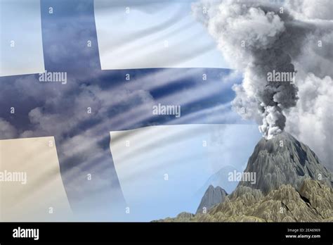 high volcano eruption at day time with white smoke on Finland flag background, troubles because ...