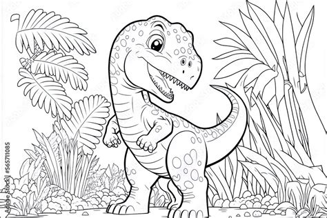 Cute baby dinosaur coloring page template. Cute tyrannosaur on abstract ...