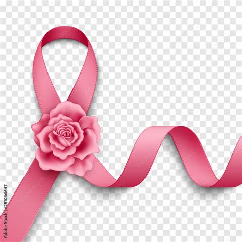 Realistic pink ribbon with rose on transparent background. Symbol of ...