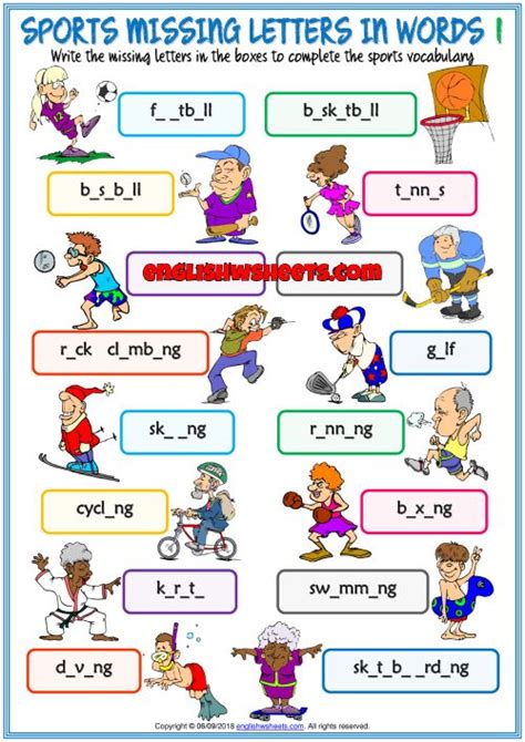 Sports Vocabulary ESL Missing Letters In Words Exercises Handouts For Kids | Physical education ...