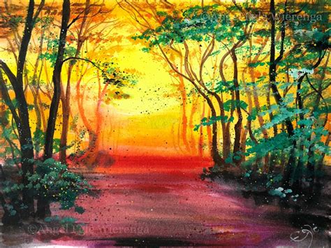 ORIGINAL PAINTING Sunrise Forest Art by Angel | Etsy