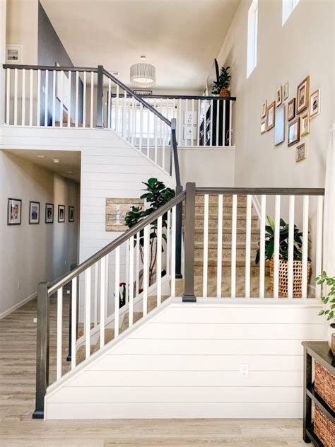 Shiplap part of entry, darken the stain on banister | Staircase railing design, Staircase ...