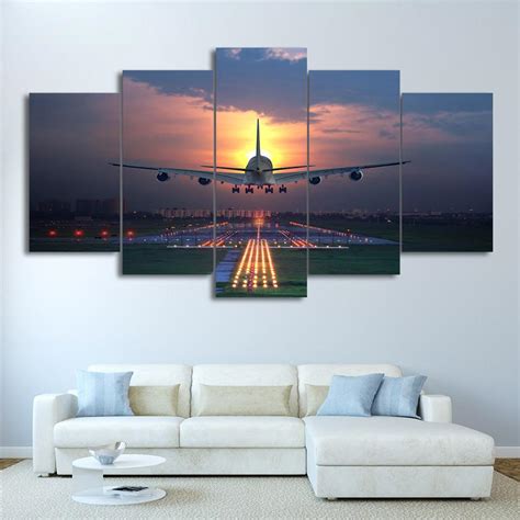 Airplane 747 Aviation Landing Sunset Airport – Airplane 5 Panel Canvas ...