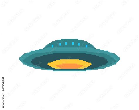 UFO pixel art. pixelated Flying Saucer isolated. 8 bit unknown flying object vector illustration ...